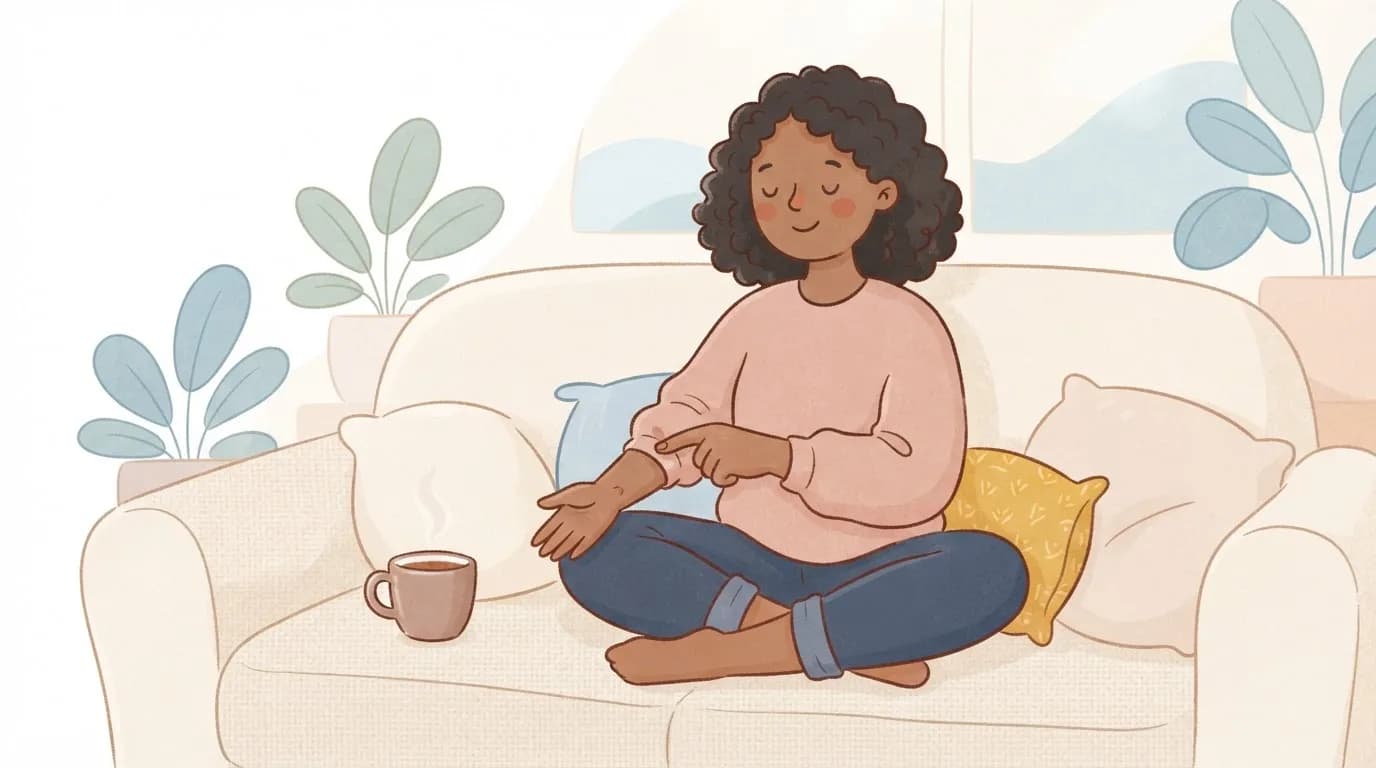 Illustration of a woman sitting cross-legged on a cosy sofa with her eyes closed, pressing her thumb on the inside of her forearm, with a cup of tea beside her