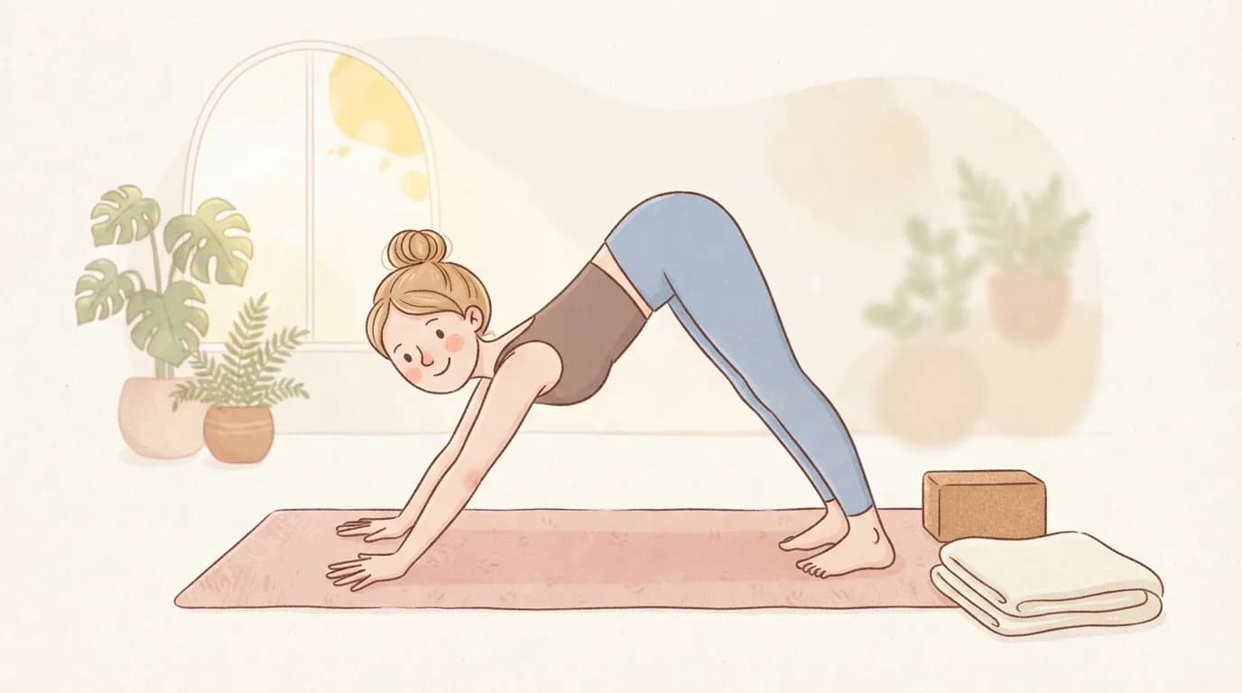 Illustration of a smiling woman in downward dog on a pink yoga mat with her fingers spread wide, a yoga block and a folded blanket beside the mat