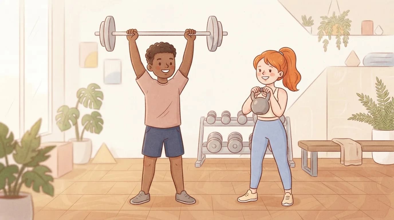 Illustration of a smiling man pressing a barbell overhead with straight wrists while a woman holds a kettlebell in the front rack position in a bright gym