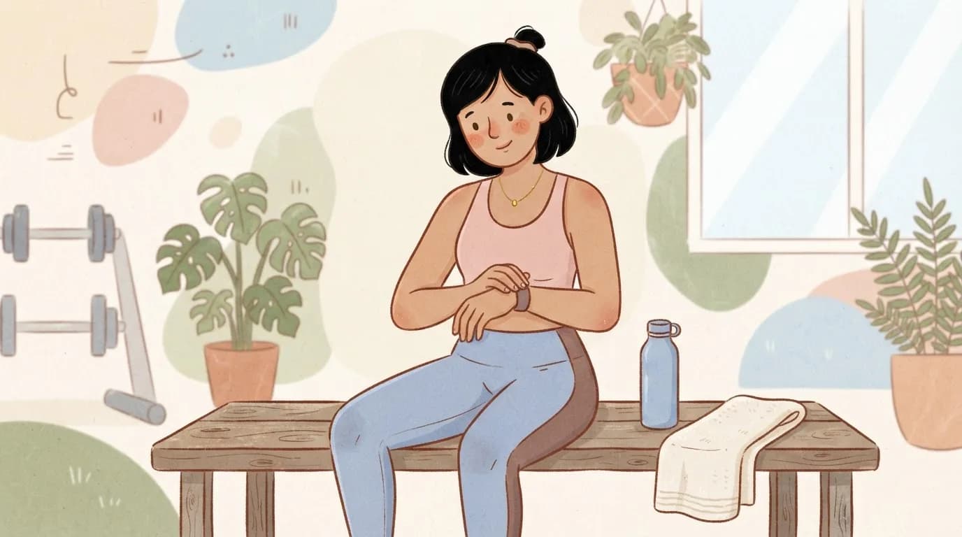 Illustration of a sporty woman sitting on a gym bench after training, gently holding one wrist and looking at it thoughtfully, with a water bottle and towel beside her