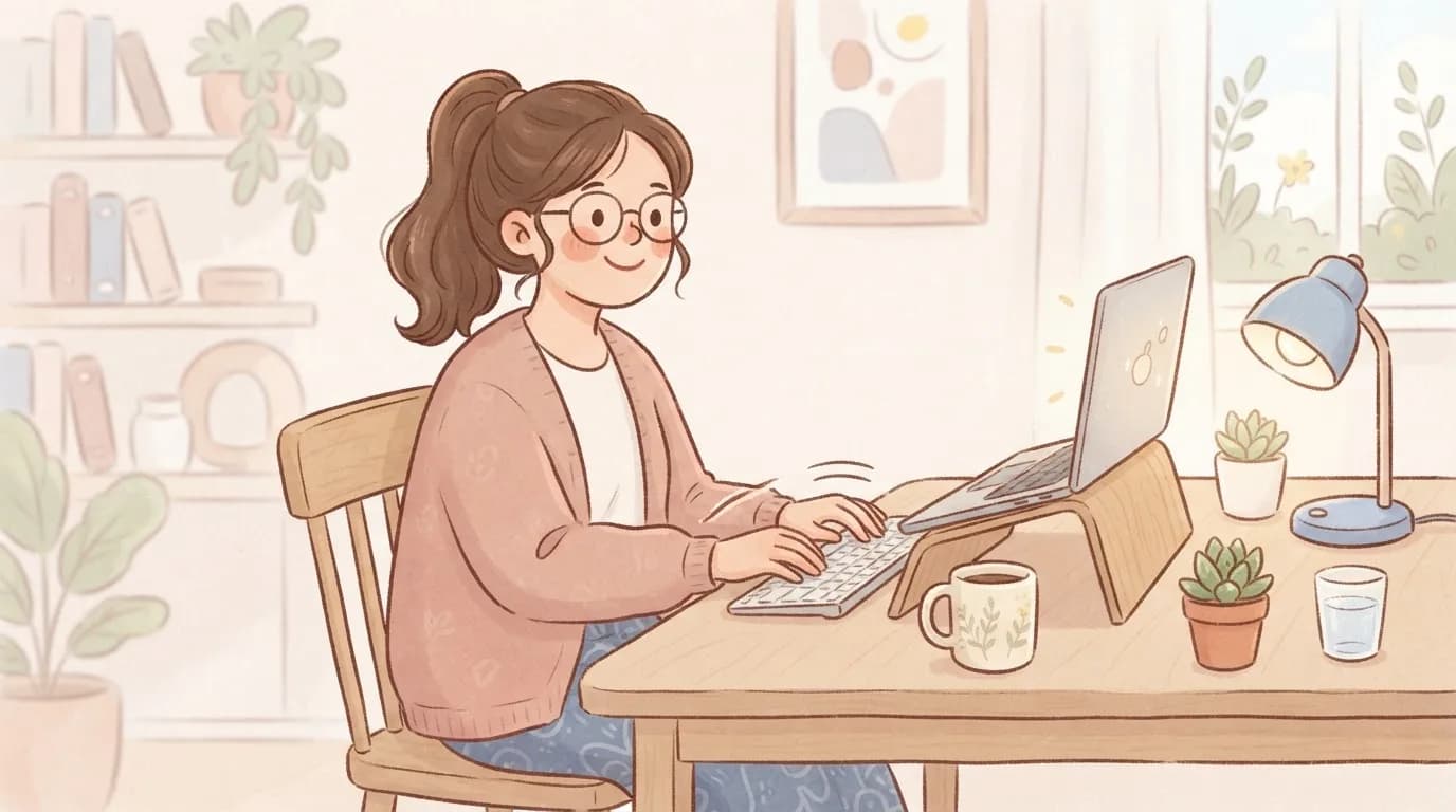 Illustration of a smiling woman at a tidy desk typing on a separate keyboard with her laptop raised on a stand, shoulders relaxed and wrists level