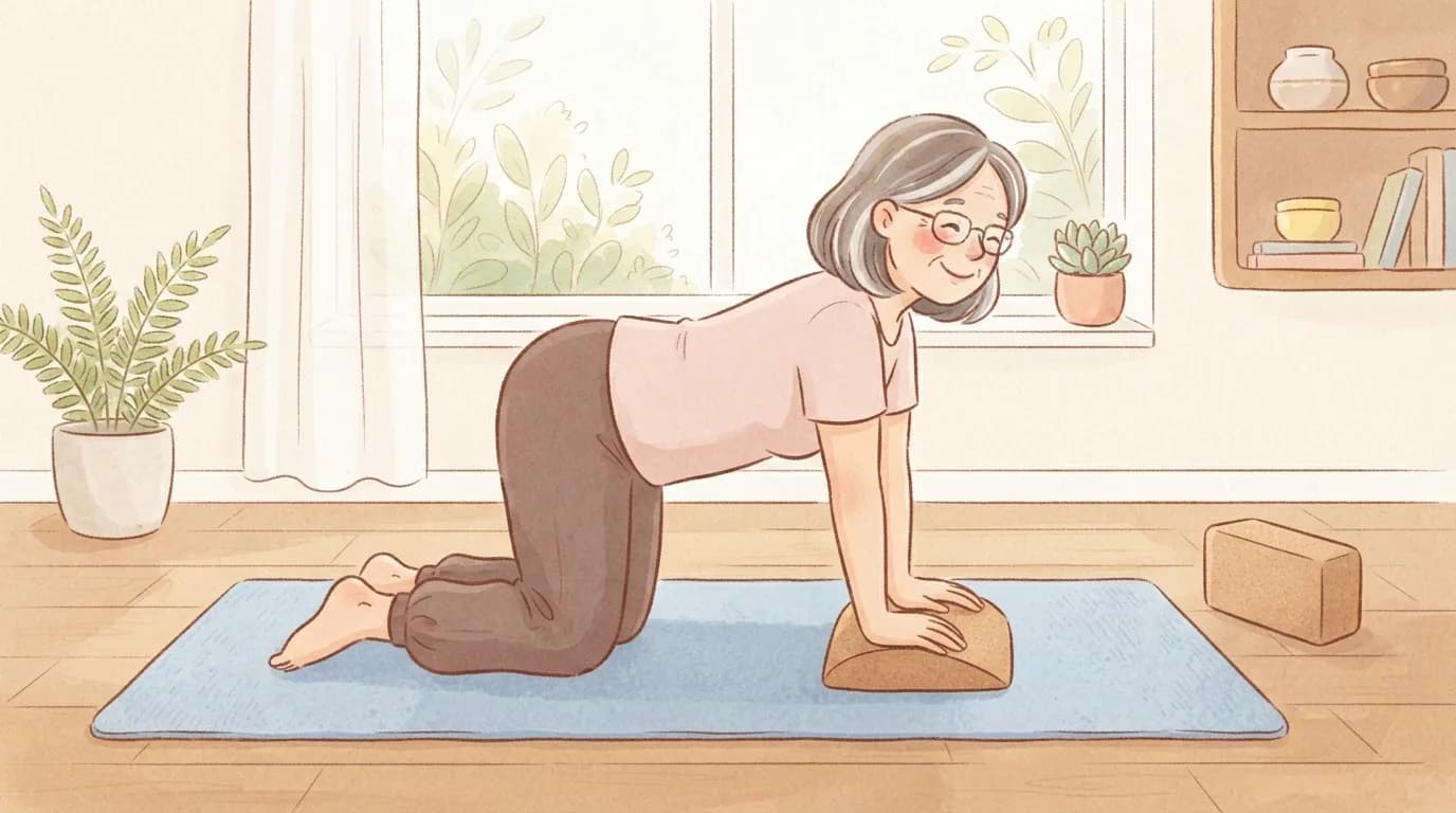 Illustration of a smiling woman with glasses in tabletop on a yoga mat, the heels of her hands resting on a cork yoga wedge