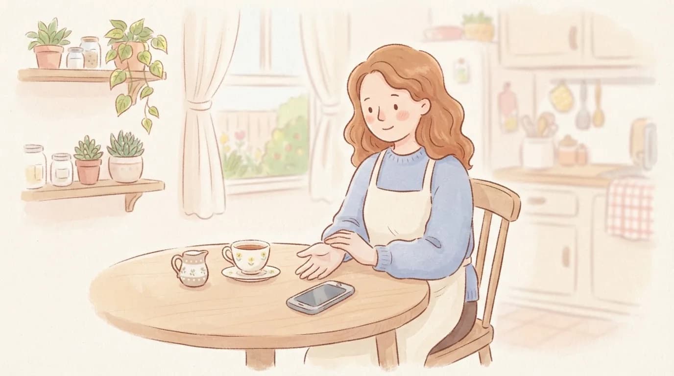 Illustration of a woman sitting at a kitchen table with a cup of tea, gently cradling the thumb side of her wrist and looking calm and thoughtful