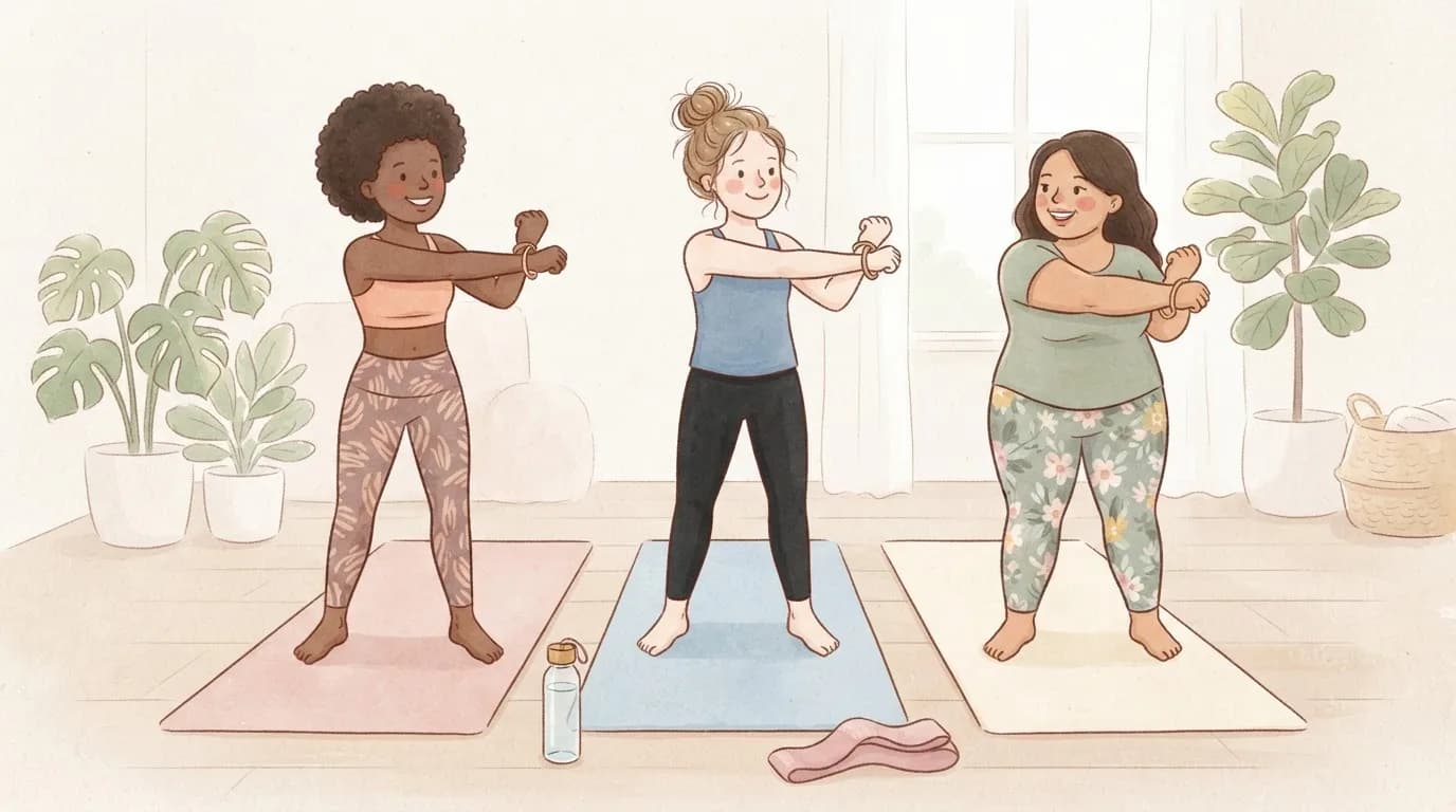 Illustration of three smiling women of different body types standing on exercise mats and warming up their wrists before training