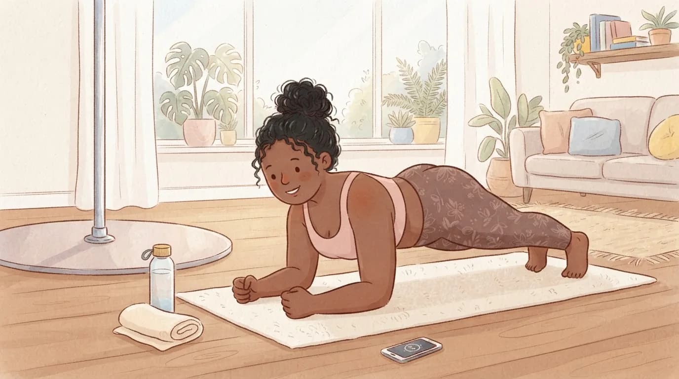 Illustration of a smiling woman with curly black hair in a bun holding a forearm plank on a mat in a sunny living room, with a home dance pole, a water bottle, a towel and a phone timer nearby
