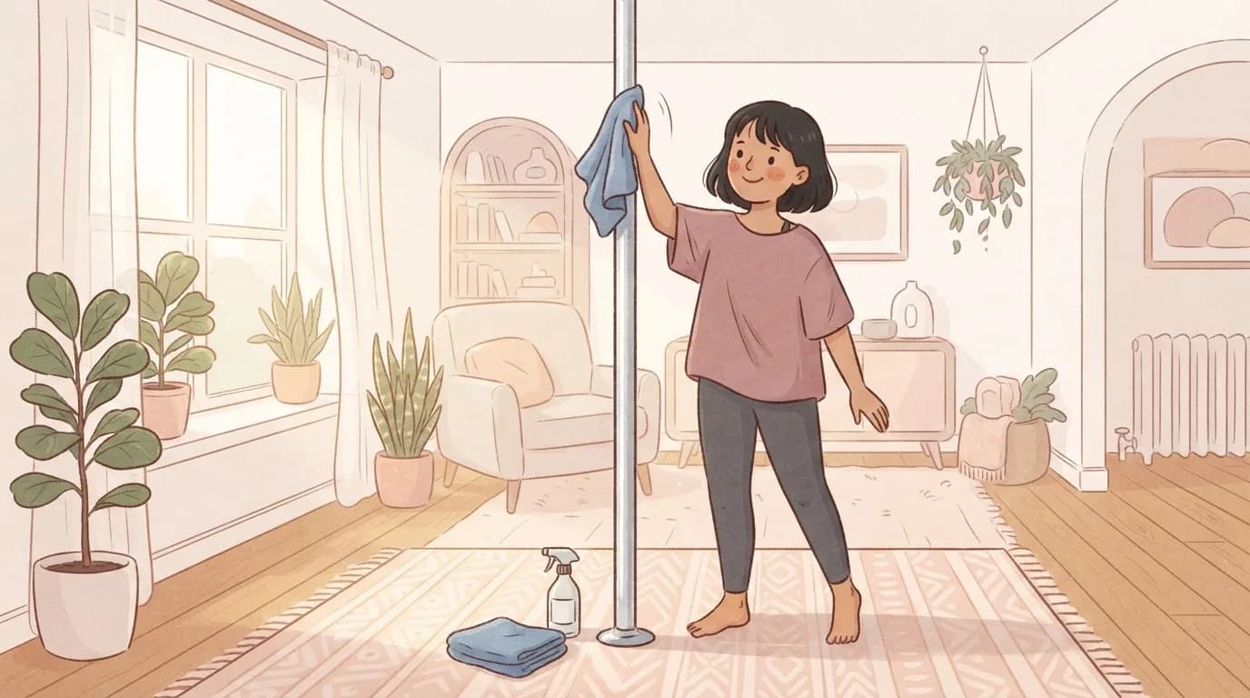 Illustration of a smiling woman with a short dark bob wiping a silver dance pole with a blue microfibre cloth in a bright living room, with a spray bottle and a folded cloth at the base of the pole