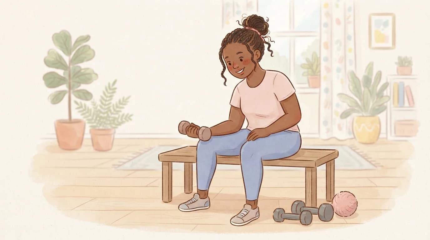 Illustration of a smiling woman sitting on a bench doing wrist curls with a small dumbbell, her forearm resting on her thigh, with more small weights and a soft ball on the floor
