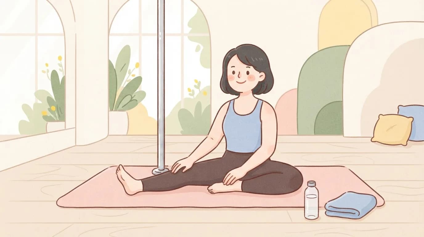 Illustration of a smiling woman with short dark hair sitting on a pink mat beside a dance pole in a relaxed seated stretch, with a water bottle and a folded towel next to her