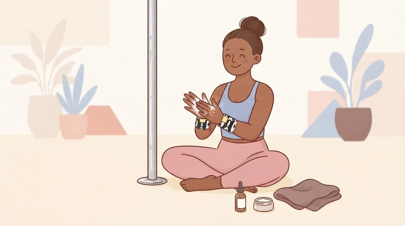 Illustration of a smiling woman with a high bun sitting cross-legged by a dance pole, rubbing grip aid into her palms while wearing black and white patterned wrist wraps low on her wrists