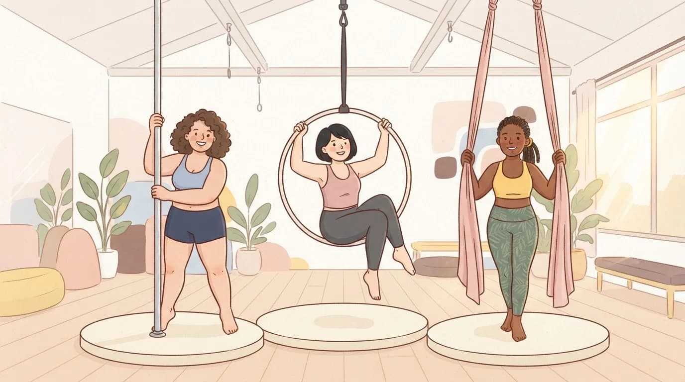 Illustration of three smiling women in a bright studio, one holding a dance pole, one sitting in an aerial hoop and one holding pink aerial silks