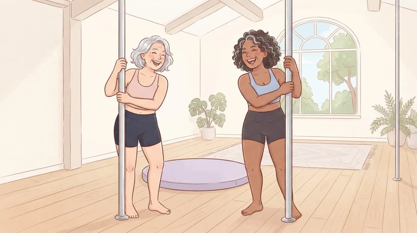 Illustration of two laughing women in their fifties, one with silver hair and one with grey-streaked curls, each holding a dance pole in a bright studio