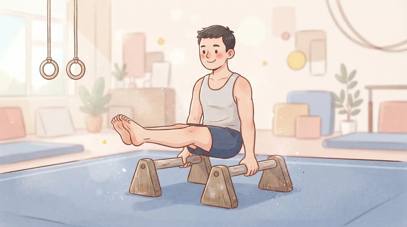 Illustration of a young man holding an L-sit on low wooden parallettes in a gymnastics hall, with rings in the background