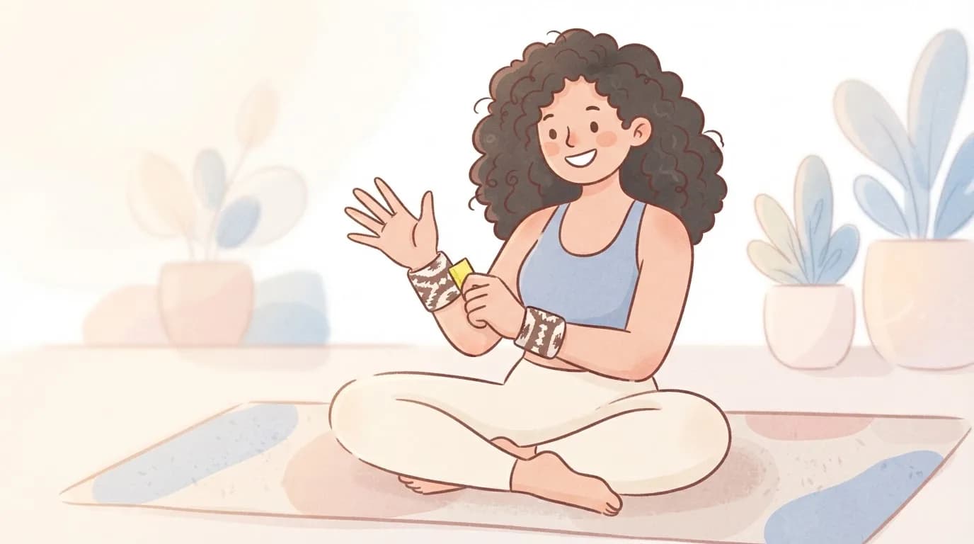 Illustration of a smiling woman sitting cross-legged on a mat, closing the yellow tab of patterned wrist wraps worn low on both wrists