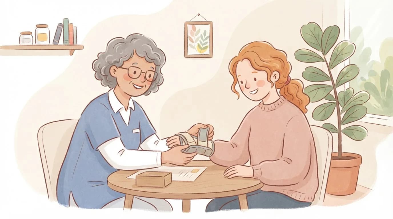 Illustration of a friendly physiotherapist fitting a soft wrist brace onto a smiling woman at a small clinic table