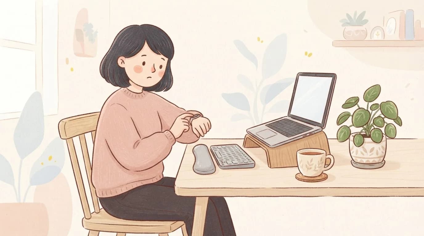 Illustration of a woman at a home desk with a keyboard wrist rest, pausing to look at her wrist with a puzzled expression