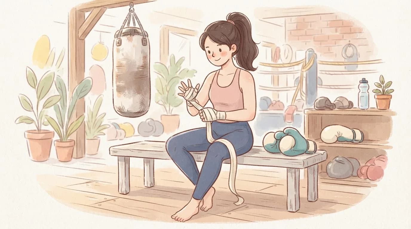 Illustration of a woman boxer sitting on a gym bench and winding cloth hand wraps around her hand and wrist before training