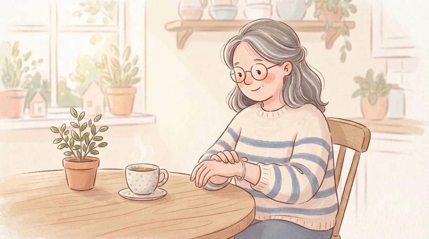 Illustration of a woman with grey hair and round glasses sitting at a kitchen table with a cup of tea, gently holding her wrist and looking at it