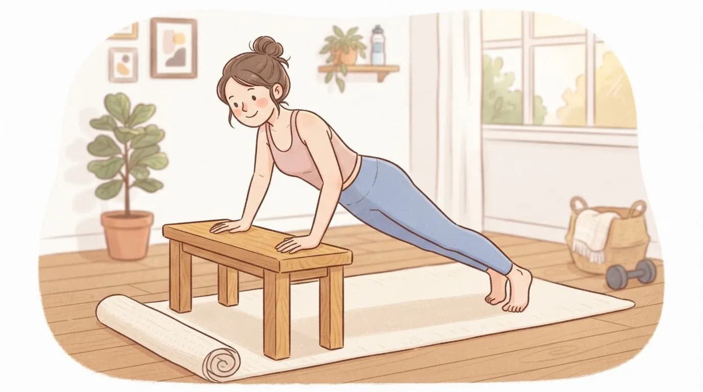 Illustration of a smiling woman doing an incline push-up with her hands flat on a low wooden bench in a cosy home workout corner