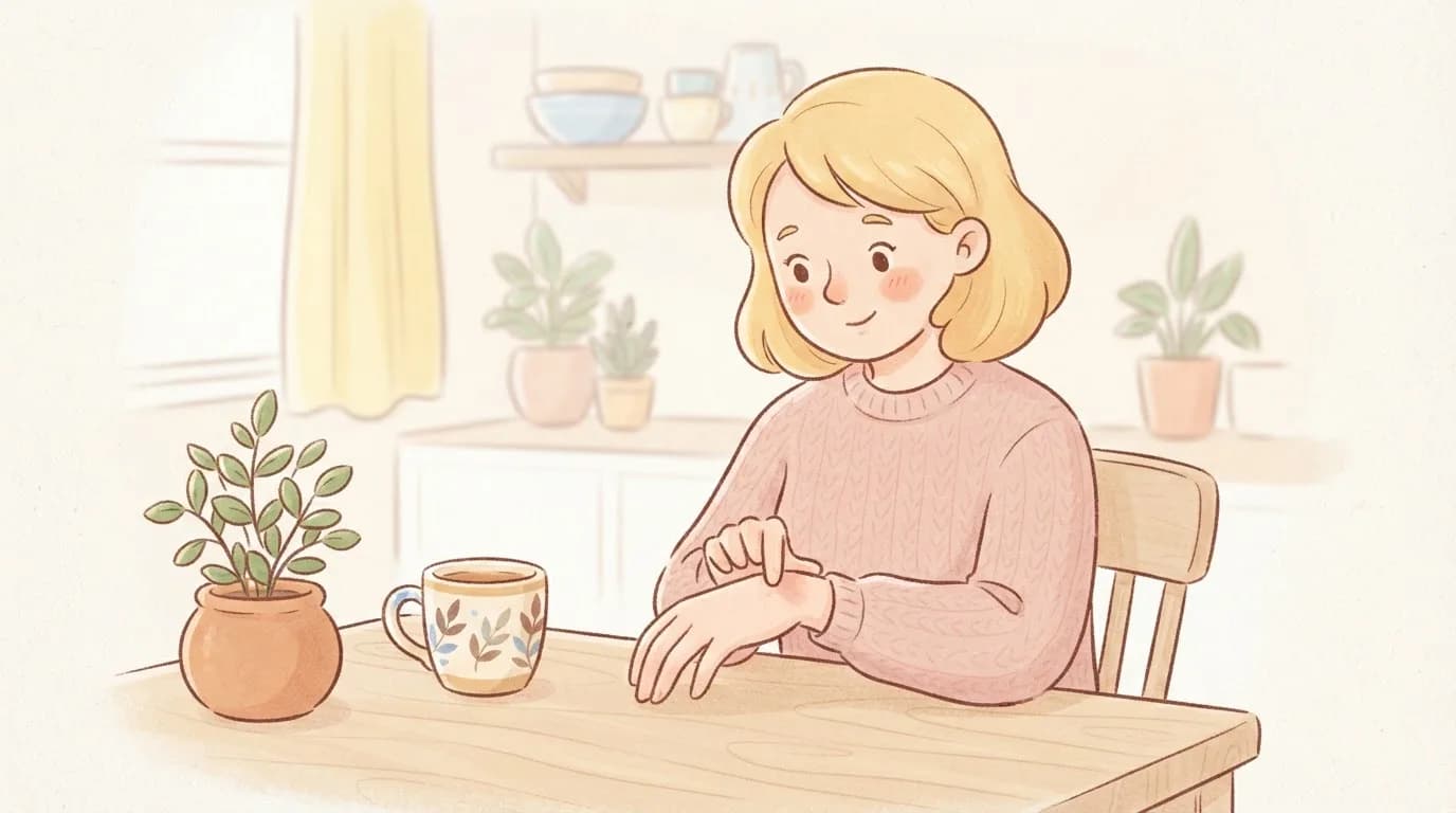 Illustration of a woman at a kitchen table gently touching the bone on the back of her wrist with two fingertips, looking at it calmly