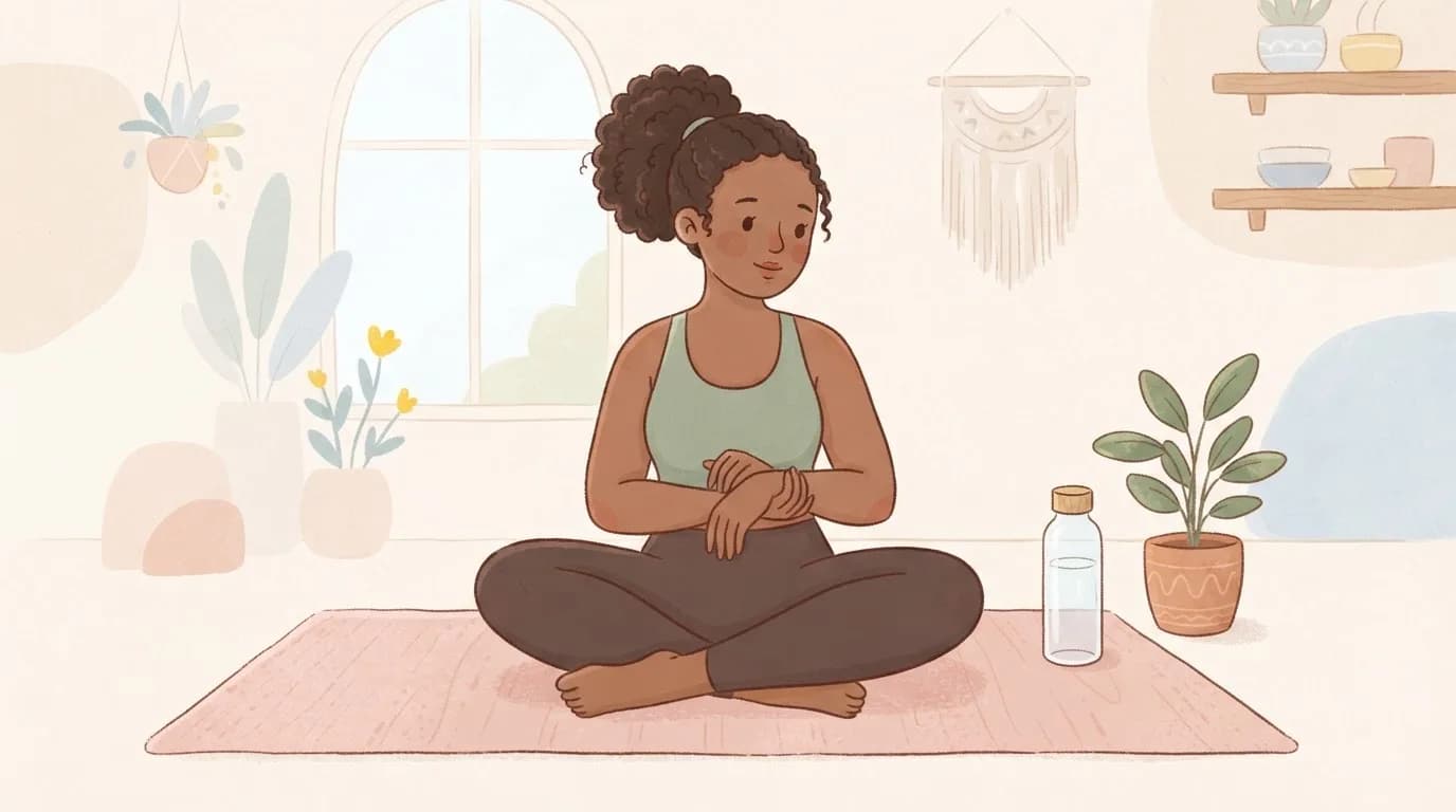 Illustration of a woman sitting cross-legged on a yoga mat, gently holding the little-finger side of her wrist and looking thoughtful