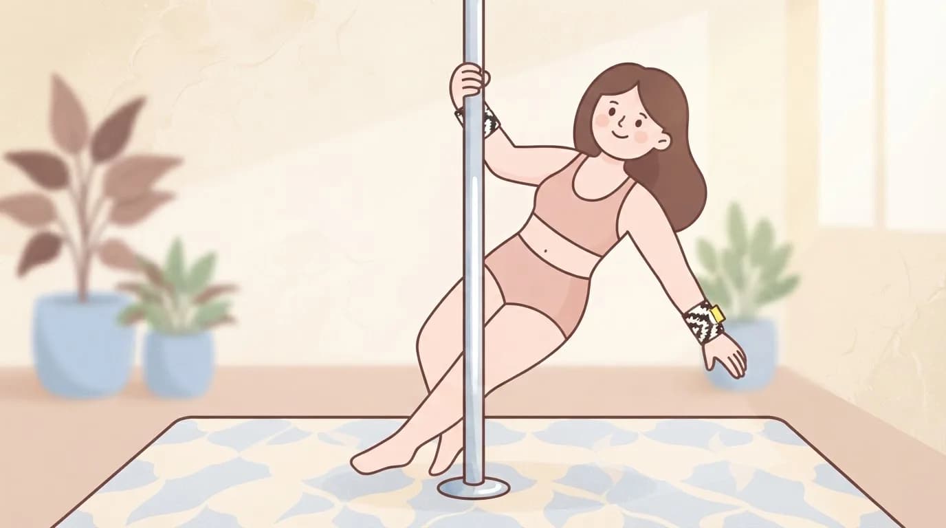 Illustration of a smiling woman leaning out from a dance pole on a patterned mat, holding on with one hand and wearing patterned wrist wraps