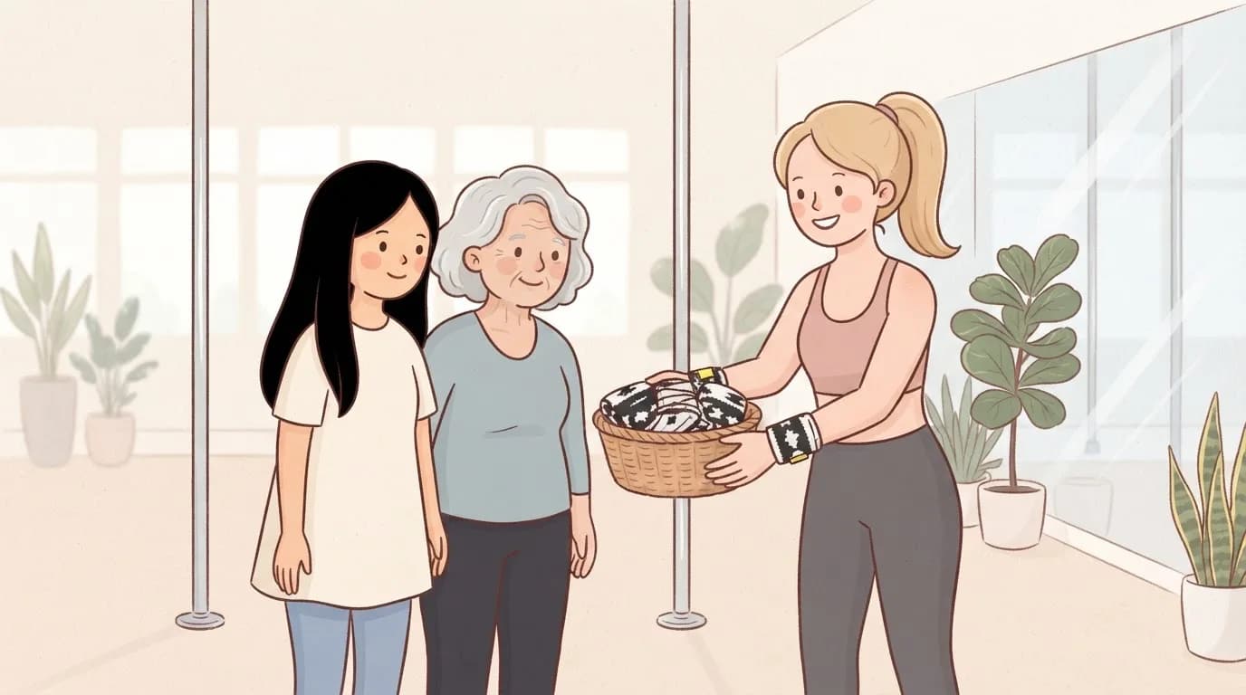 Illustration of a smiling pole instructor with a blonde ponytail holding a basket of folded patterned wrist wraps out to two students, one with long black hair and one older woman with grey hair, in a bright studio with dance poles