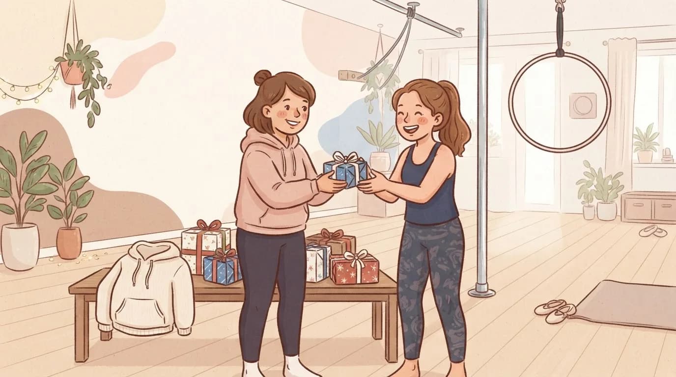 Illustration of two smiling women in a pole and aerial studio, one handing the other a wrapped present, with more gift boxes and a cream hoodie on a bench beside them