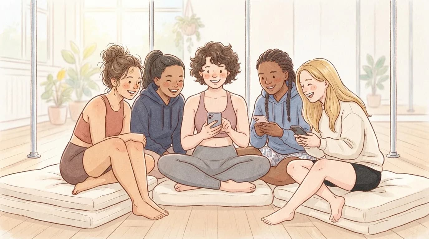 Illustration of five women sitting together on soft mats in a pole studio, smiling and leaning in to look at their phones