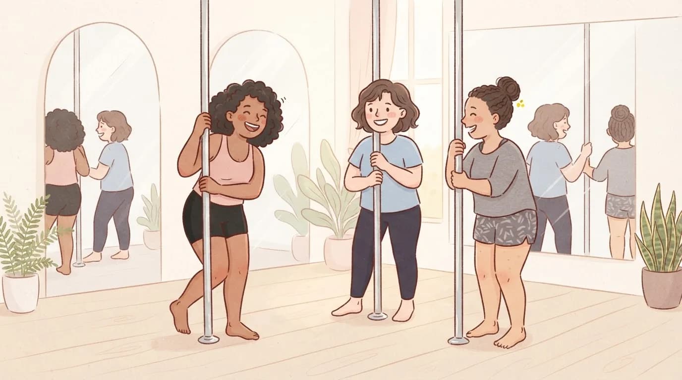Illustration of three women laughing together as they each hold a dance pole in their first pole class
