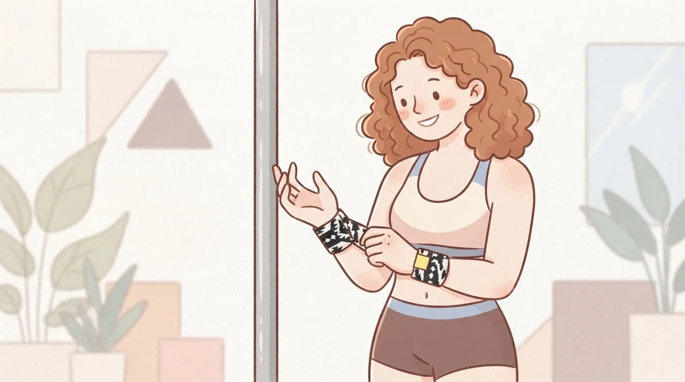 Illustration of a smiling woman with curly red hair beside a dance pole, adjusting patterned wrist wraps that sit low on her wrists