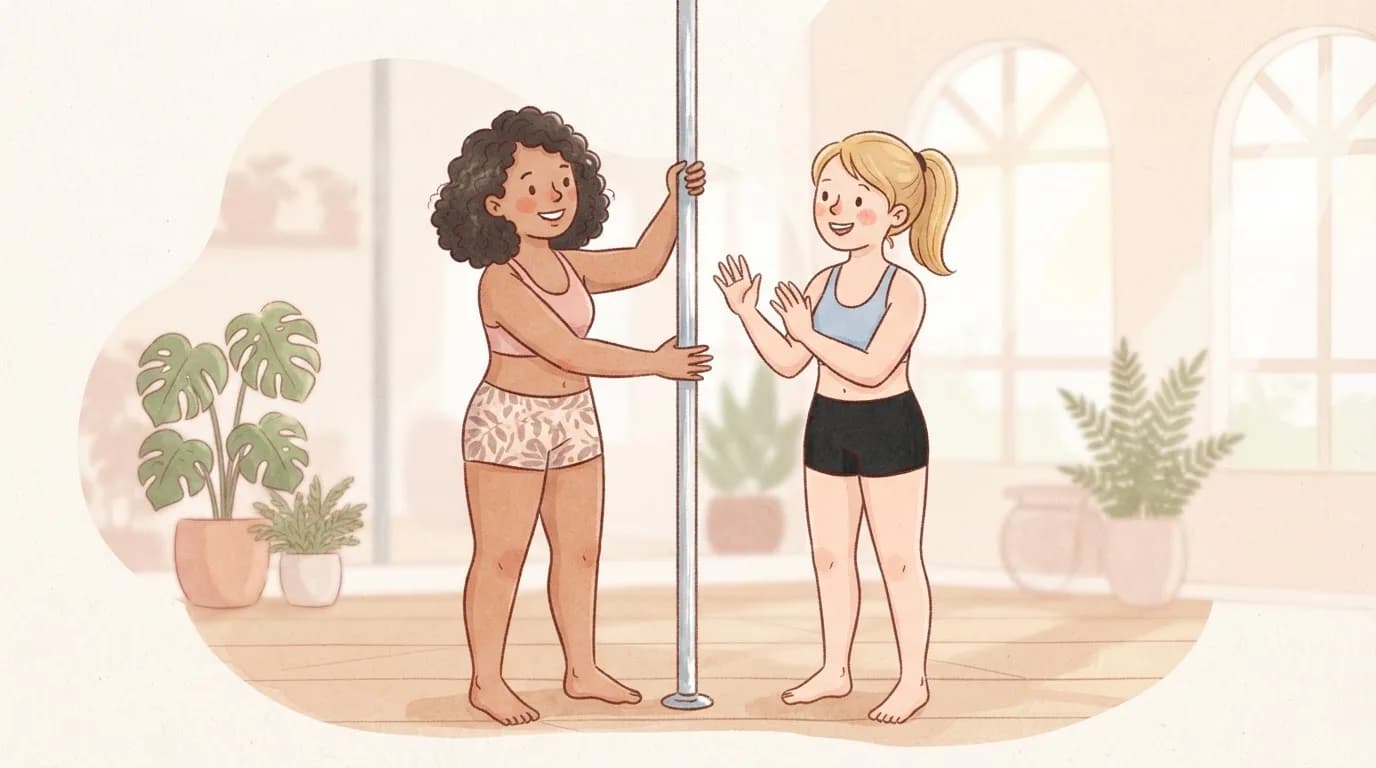 Illustration of a curly-haired woman holding a dance pole with one hand high and one hand low while her blonde friend copies the hand shape