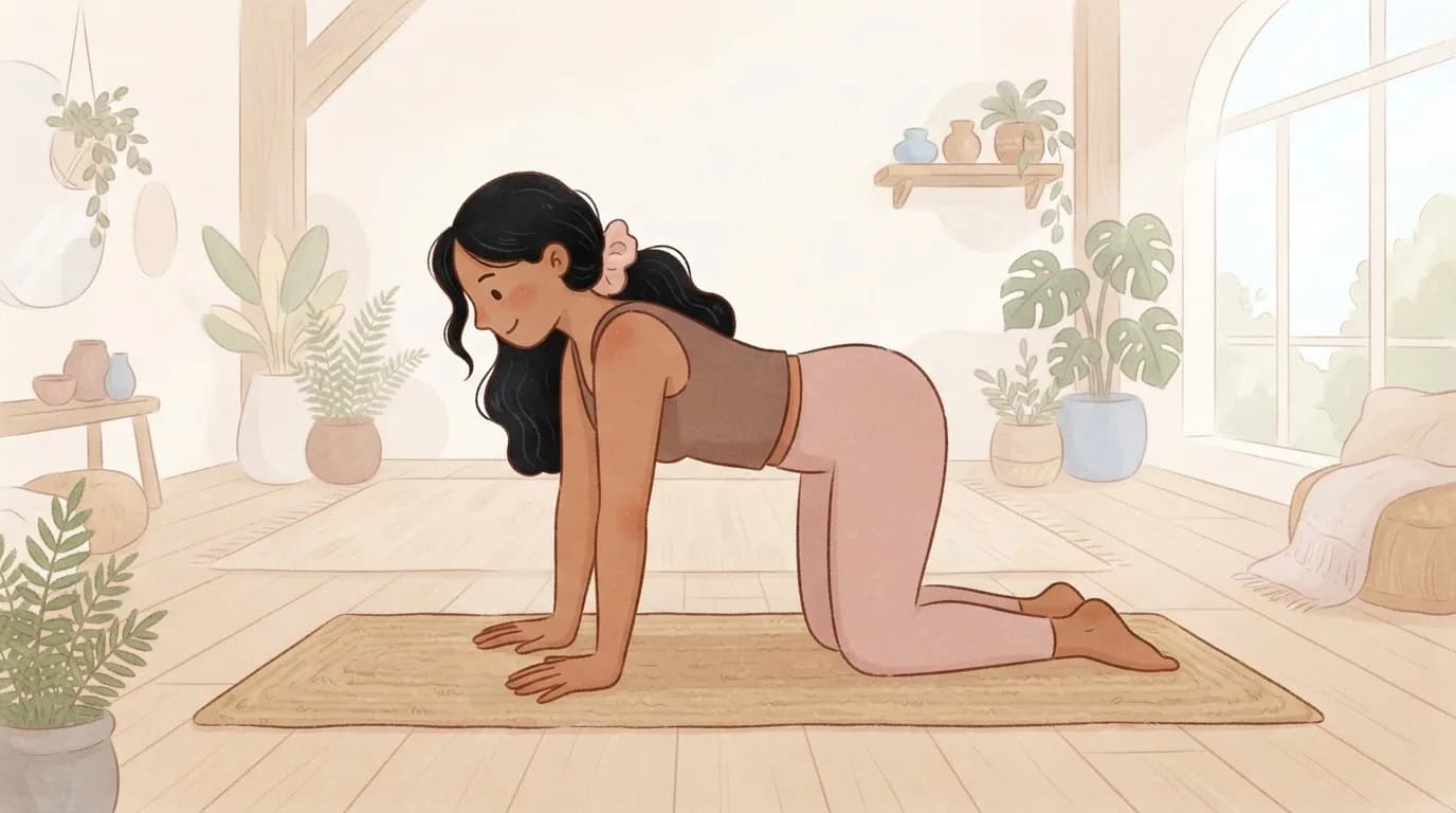 Illustration of a woman with long black hair in tabletop pose on a yoga mat, looking down at her spread hands