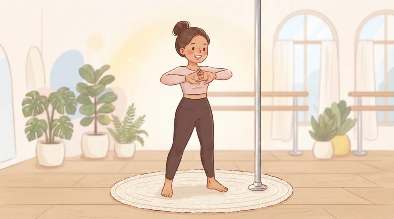 Illustration of a smiling woman standing by a dance pole doing slow wrist circles with her fingers interlaced